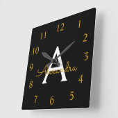 Zwart Gold Script Monogram Girly Name Vierkante Klok (Hoek)