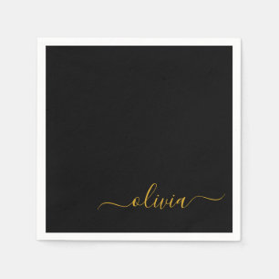 Zwart Gold Script Monogram Naam Modern Servet