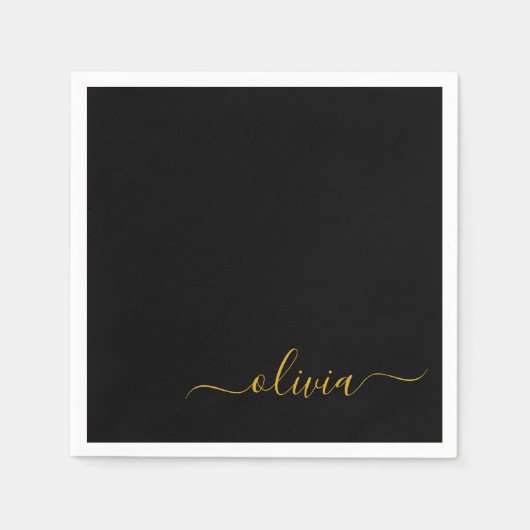 Zwart Gold Script Monogram Naam Modern Servet (Voorkant)