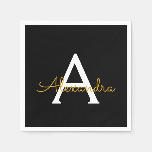 Zwart Gold Script Monogram Naam Modern Servet (Voorkant)