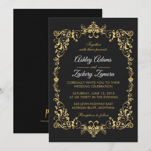 Zwart  Gold Scroll Border Huwelijksuitnodiging Kaart (Voorkant / Achterkant)