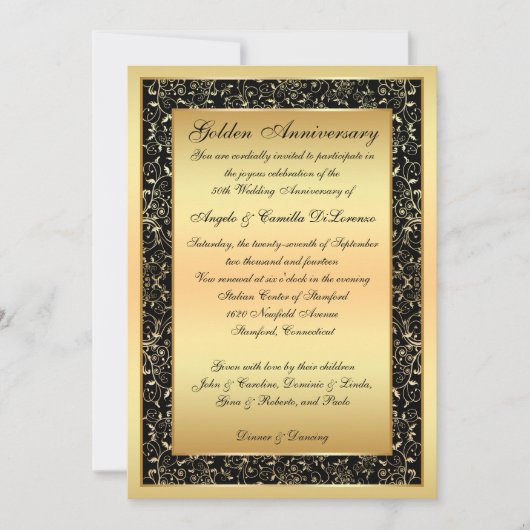 Zwart, Gold  Scrolls 50th Jubileum Uitnodigen Kaart (Voorkant)