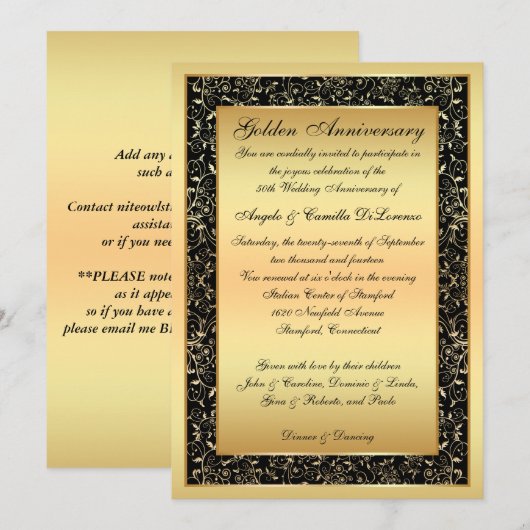 Zwart, Gold Scrolls 50th Jubileum Uitnodigen Kaart (Voorkant / Achterkant)