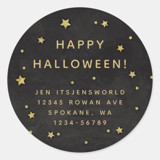 Zwart + Gold Stars Aangepaste tekst / adres Ronde Sticker (Voorkant)