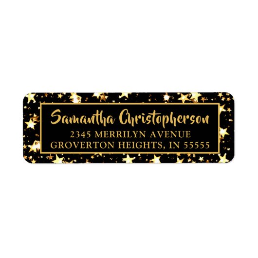 Zwart Gold Stars Handgeschreven penseelscript Etiket (Voorkant)