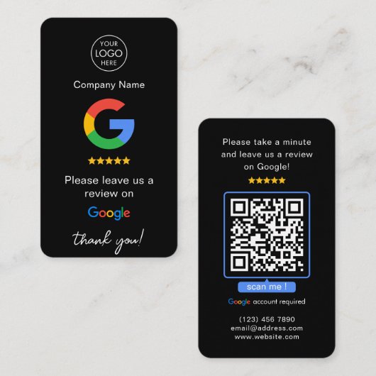 Zwart Google Reviewen QR Code Business Review US Visitekaartje (Voorkant / Achterkant)