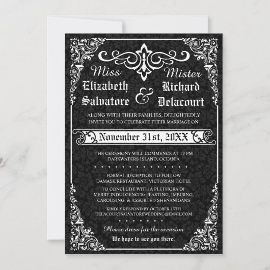 Zwart Gothic Victoriaans Damask bruiloft uitnodigi Kaart (Voorkant)