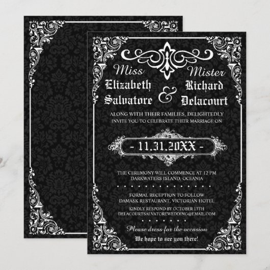 Zwart Gothic Victoriaans Damask Bruiloft uitnodigt Kaart (Voorkant / Achterkant)