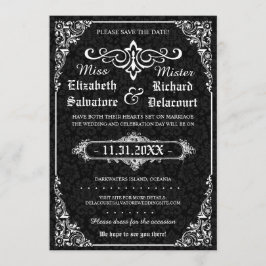Zwart Gothic Victoriaans Damask Save the Dates Date