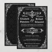 Zwart Gothic Victoriaans Damask Save the Dates Date (Voorkant / Achterkant)