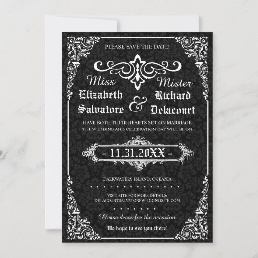 Zwart Gothic Victoriaans Damask Save the Dates Save The Date (Voorkant)