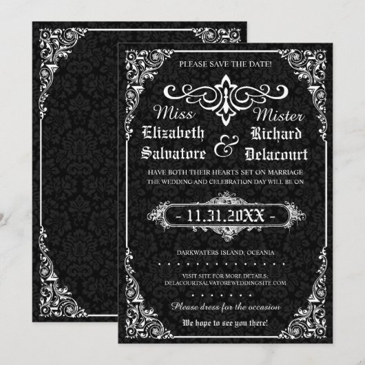 Zwart Gothic Victoriaans Damask Save the Dates Save The Date (Voorkant / Achterkant)