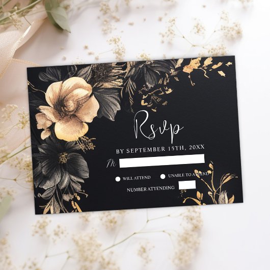 Zwart Gotisch Bloemen Moody Donker Bruiloft RSVP Kaartje
