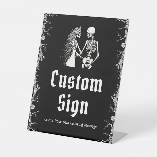 Zwart Gotisch Halloween Skelet Custom Sign Reclamebord Met Voetstuk (Voorkant)