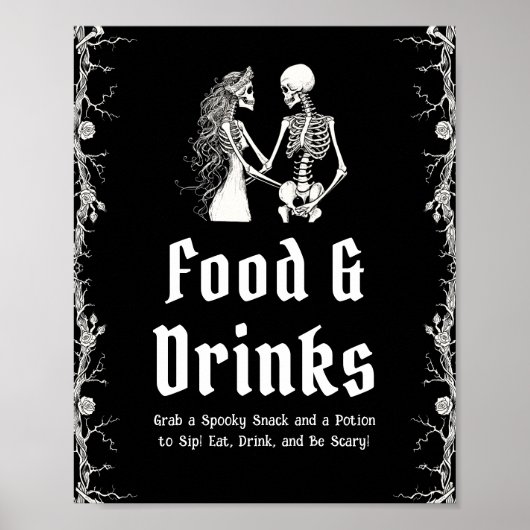 Zwart gotisch Halloween skelet eten & drinken bord Poster (Voorkant)