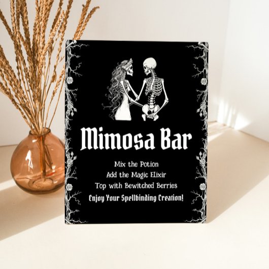 Zwart Gotisch Halloween Skelet Mimosa Bar Teken Reclamebord Met Voetstuk