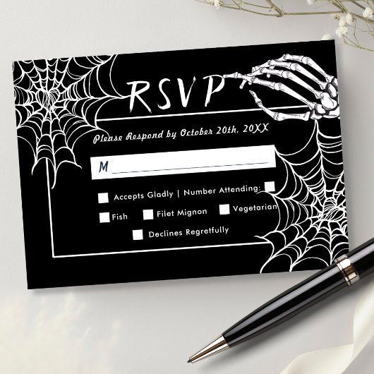 Zwart Gotisch Skelet Elegant HalloWedding RSVP Kaartje