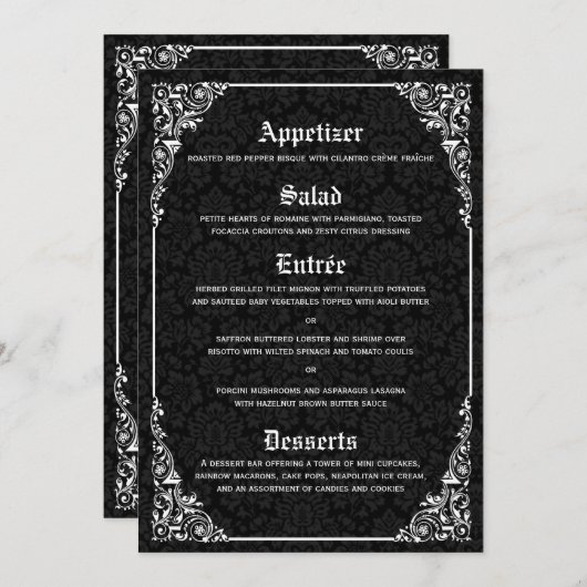 Zwart Gotisch Victoriaans Damask Trouwmenu's Menu (Voorkant / Achterkant)