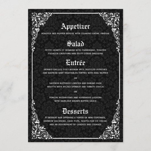 Zwart Gotisch Victoriaans Damask Trouwmenu's Menu (Voorkant)