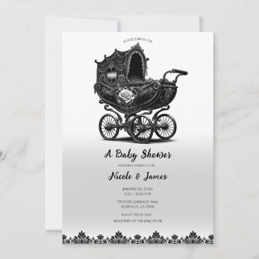 Zwart  Gotische Pram Carriage Baby shower Kaart (Voorkant)