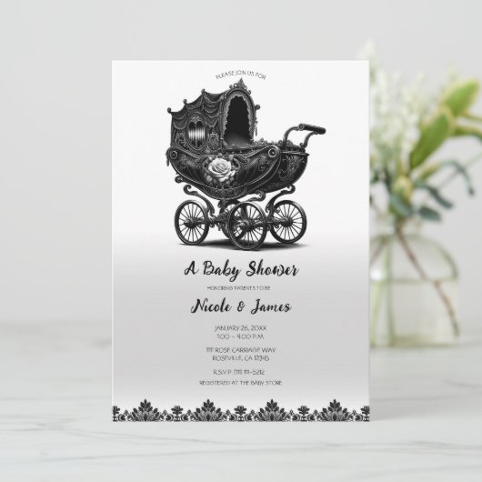 Zwart  Gotische Pram Carriage Baby shower Kaart (Staand voorkant)