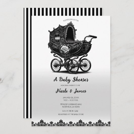 Zwart  Gotische Pram Carriage Baby shower Kaart (Voorkant / Achterkant)