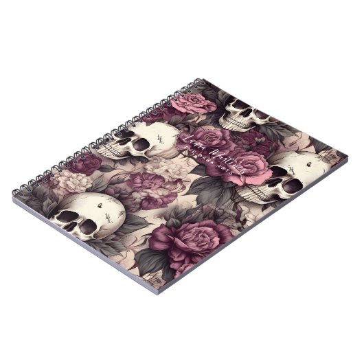 Zwart Gotische Schedels Roze Bloemen Botanicals Notitieboek (Linkerzijde)
