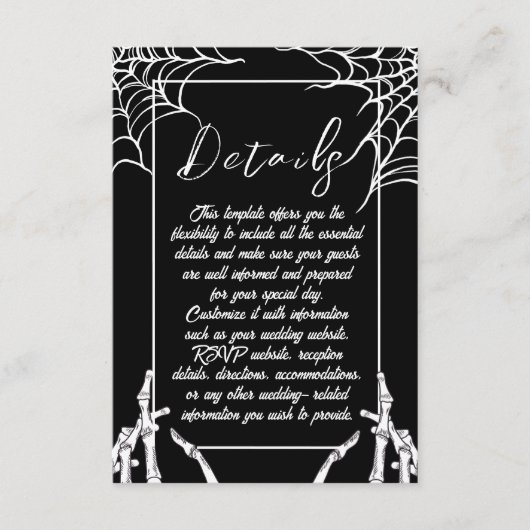 Zwart Gotische Skeletten Hallobruiloft Details Informatiekaartje (Voorkant)