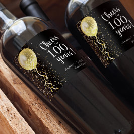 Zwart & Goud | 100e Glitter Ballon Verjaardag Wijn Etiket