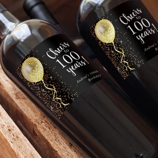 Zwart & Goud | 100e Glitter Ballon Verjaardag Wijn Etiket