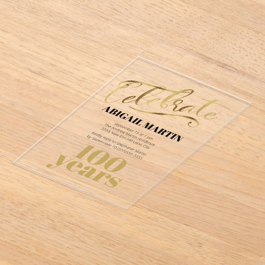 Zwart Goud 100e Verjaardag Clear Acryl Acryl Uitnodigingen (Laagn)