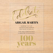 Zwart Goud 100e Verjaardag Clear Acryl Acryl Uitnodigingen (Voorkant)