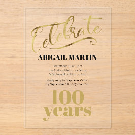 Zwart Goud 100e Verjaardag Clear Acryl Acryl Uitnodigingen