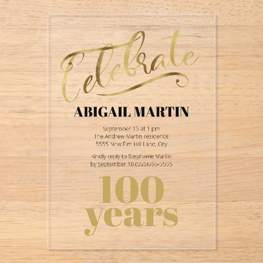 Zwart Goud 100e Verjaardag Clear Acryl Acryl Uitnodigingen (Voorkant)