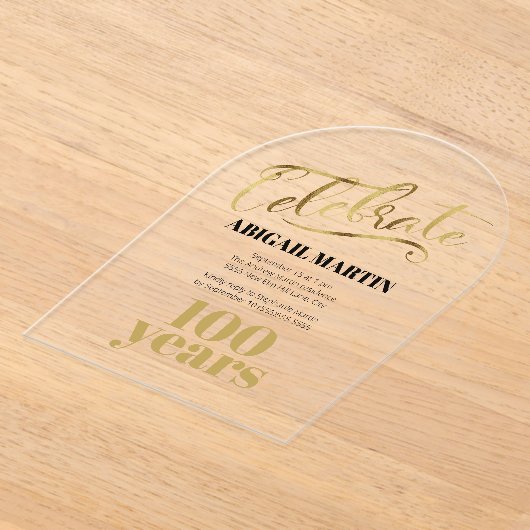 Zwart Goud 100e Verjaardag Clear Acryl Boog Acryl Uitnodigingen (Laagn)