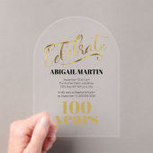 Zwart Goud 100e Verjaardag Clear Acryl Boog Acryl Uitnodigingen (Insitu (Draagbaar))