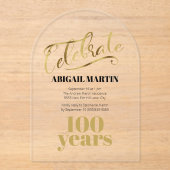 Zwart Goud 100e Verjaardag Clear Acryl Boog Acryl Uitnodigingen (Voorkant)