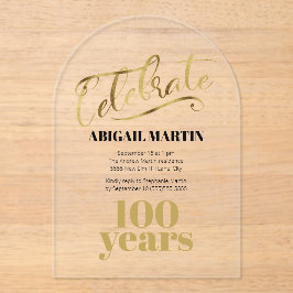 Zwart Goud 100e Verjaardag Clear Acryl Boog Acryl Uitnodigingen