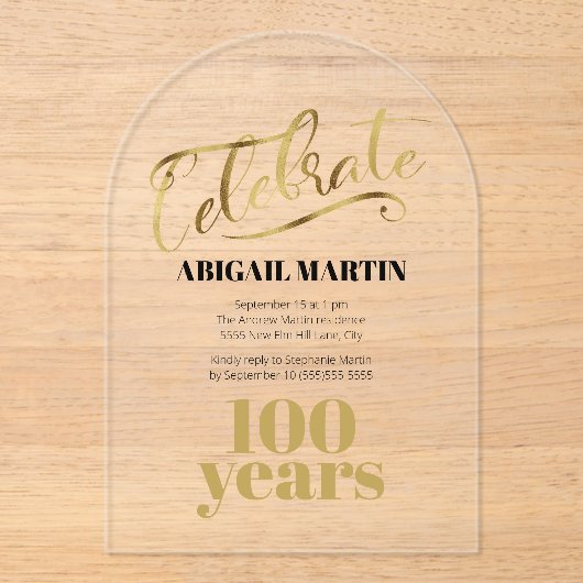 Zwart Goud 100e Verjaardag Clear Acryl Boog Acryl Uitnodigingen (Voorkant)