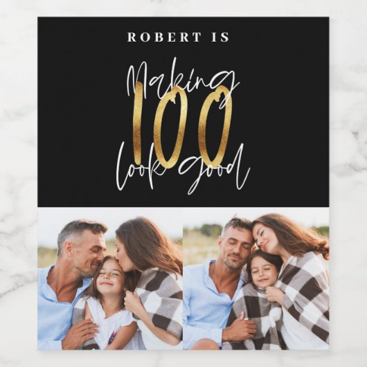 Zwart goud 100e verjaardag multi-fotoparty wijn etiket (Enkel label)