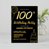 Zwart Goud 100ste Verjaardagsfeest Echt Goud Folie Uitnodiging (Staand Voorkant)