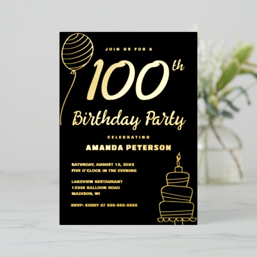 Zwart Goud 100ste Verjaardagsfeest Echt Goud Folie Uitnodiging (Staand Voorkant)