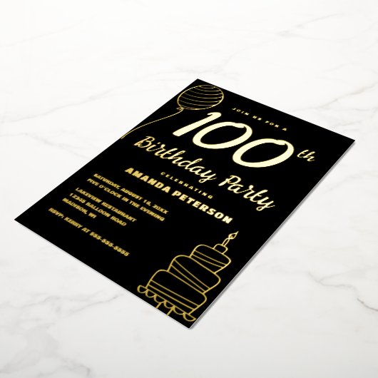 Zwart Goud 100ste Verjaardagsfeest Echt Goud Folie Uitnodiging (Gedraaid)