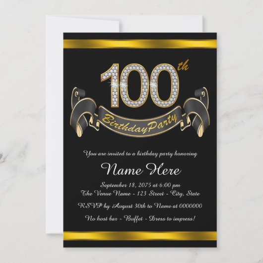 Zwart Goud 100ste Verjaardagsfeest Kaart (Voorkant)