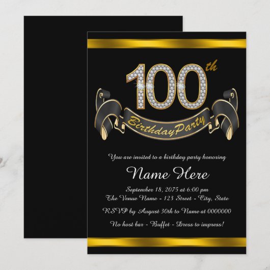Zwart Goud 100ste Verjaardagsfeest Kaart (Voorkant / Achterkant)