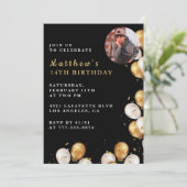 Zwart Goud 14e verjaardag uitnodiging Ballon Foto (Staand voorkant)