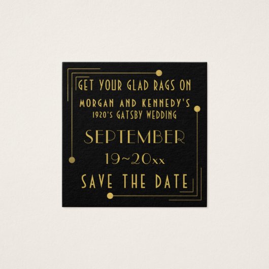 Zwart Goud 1920s Bruiloft Save The Dates 100 pack Vierkante Visitekaartjes (Voorkant)