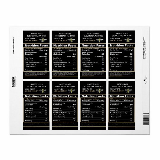 Zwart Goud 2020 Voeding Feiten Honing Label Bee (Full Sheet)