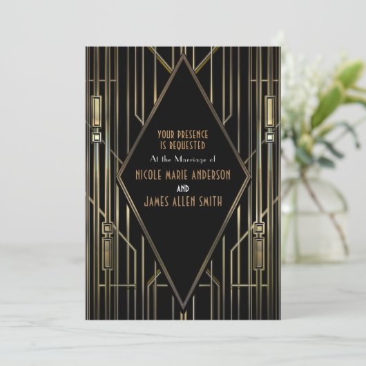 Zwart & Goud 20'er Art Deco Gatsby Glam Bruiloft Kaart (Staand voorkant)