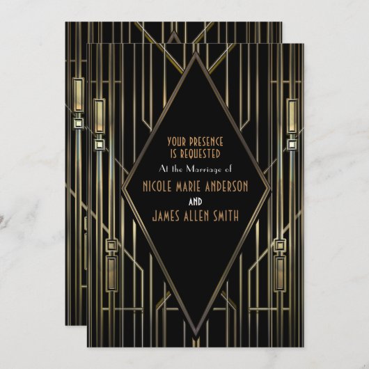 Zwart & Goud 20'er Art Deco Gatsby Glam Bruiloft Kaart (Voorkant / Achterkant)